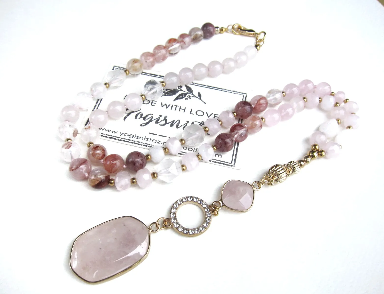 Bohemian Pink Goddess Rose Quartz Pendant Necklace - Balance, Love, Fertility, Calming, Happiness