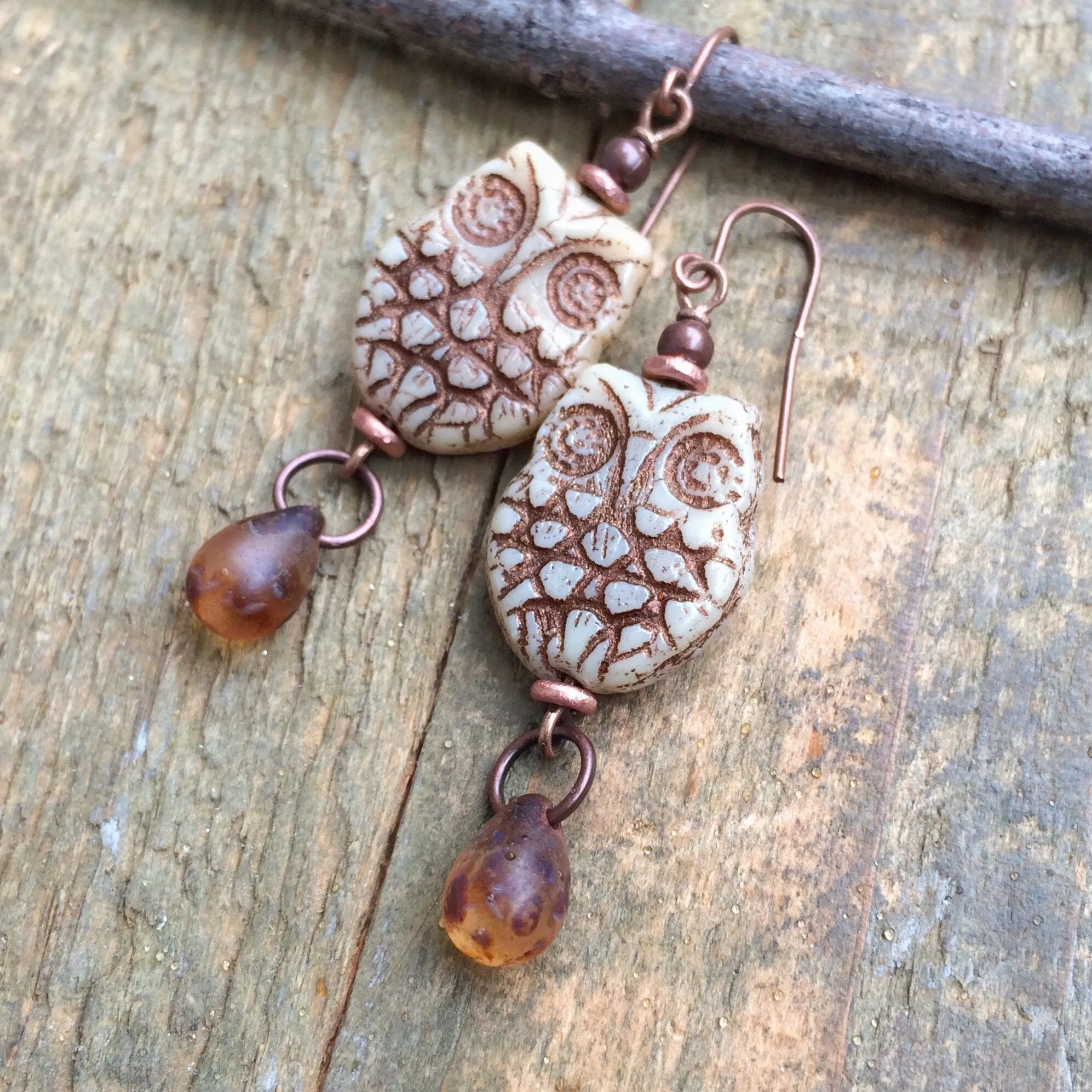 Boho Owl Earrings, Earthy Beige Copper Earrings, Bird Lovers Gift, Owl Copper Jewelry, Owl Jewelry, Copper Dangle Earrings, Nature Gift