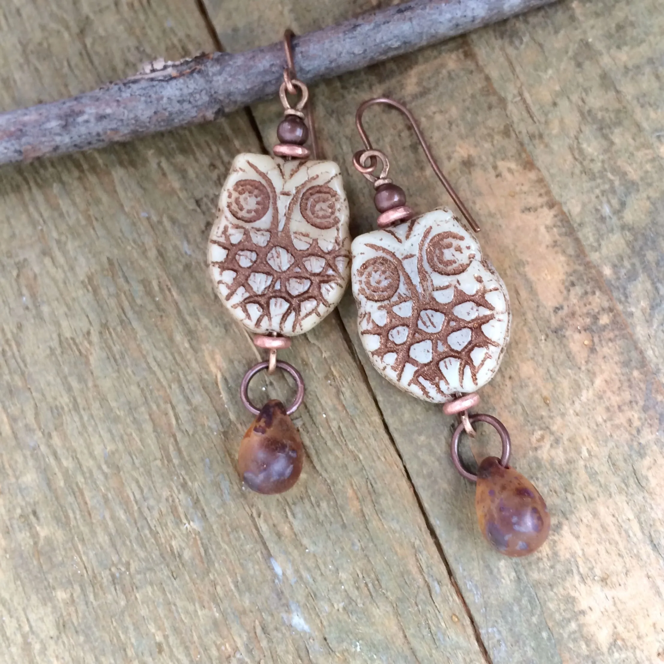 Boho Owl Earrings, Earthy Beige Copper Earrings, Bird Lovers Gift, Owl Copper Jewelry, Owl Jewelry, Copper Dangle Earrings, Nature Gift