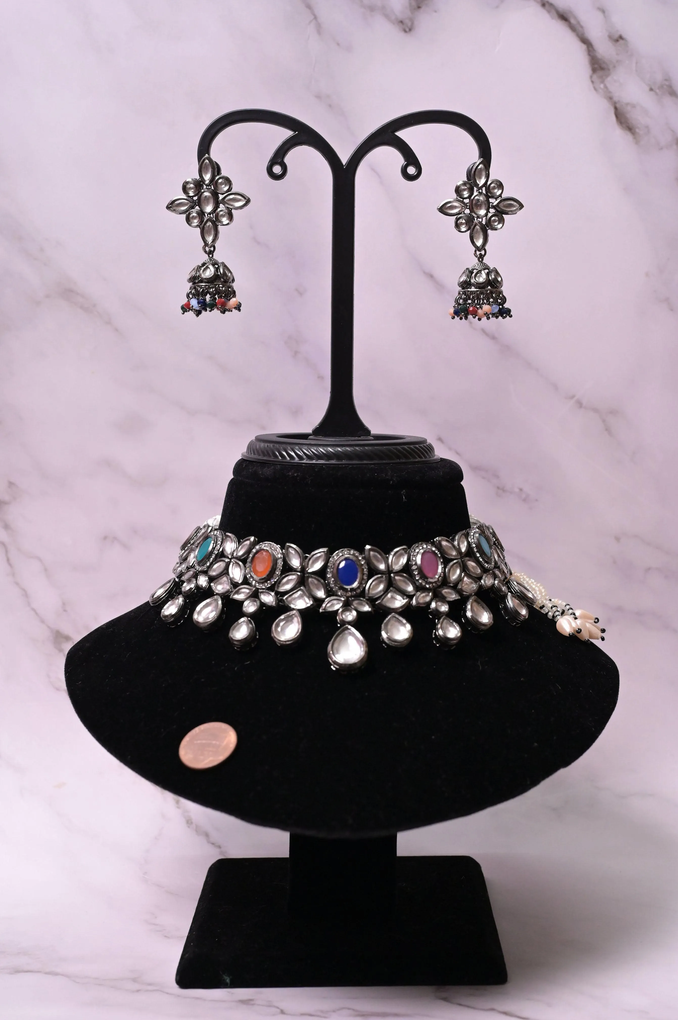 Boho Style Silver Kundan Choker with Maang Tika