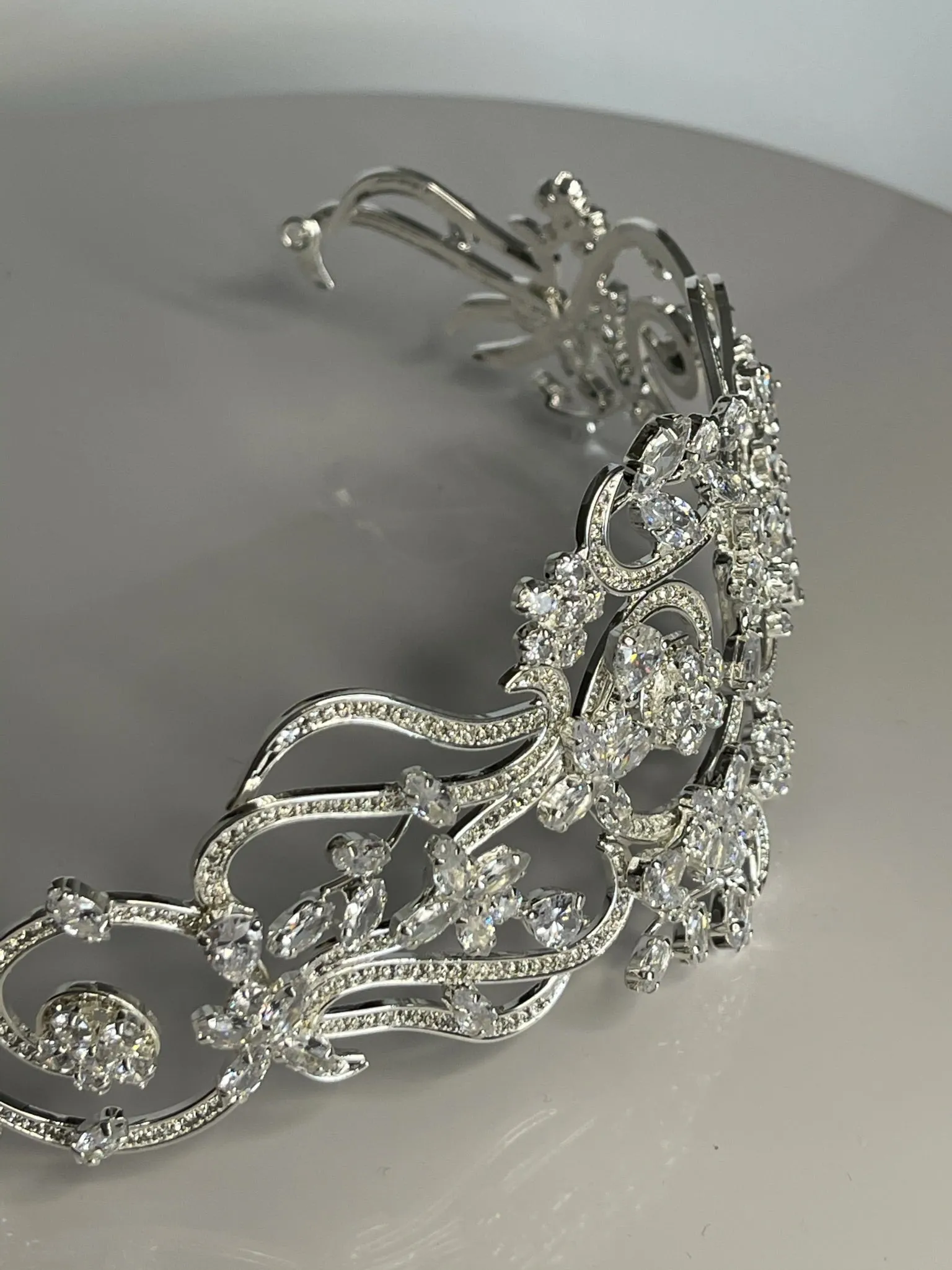 Bridal Crown - Tiara Wavy and Flowers Style Zircon Stones and Silver Coated Material