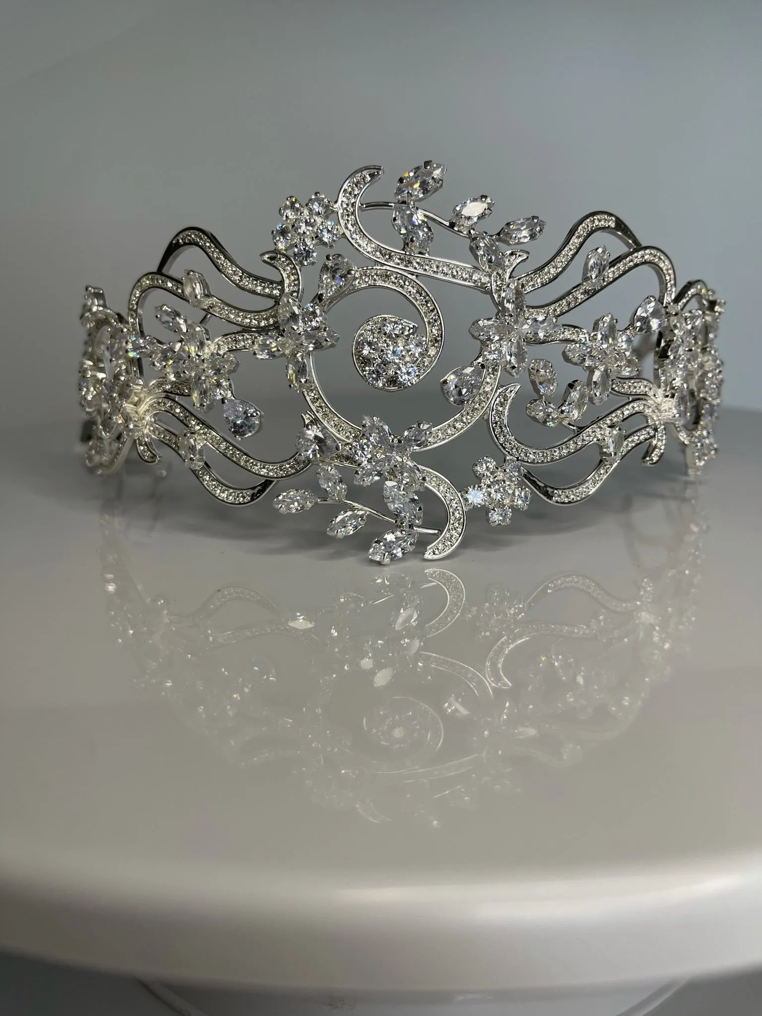 Bridal Crown - Tiara Wavy and Flowers Style Zircon Stones and Silver Coated Material