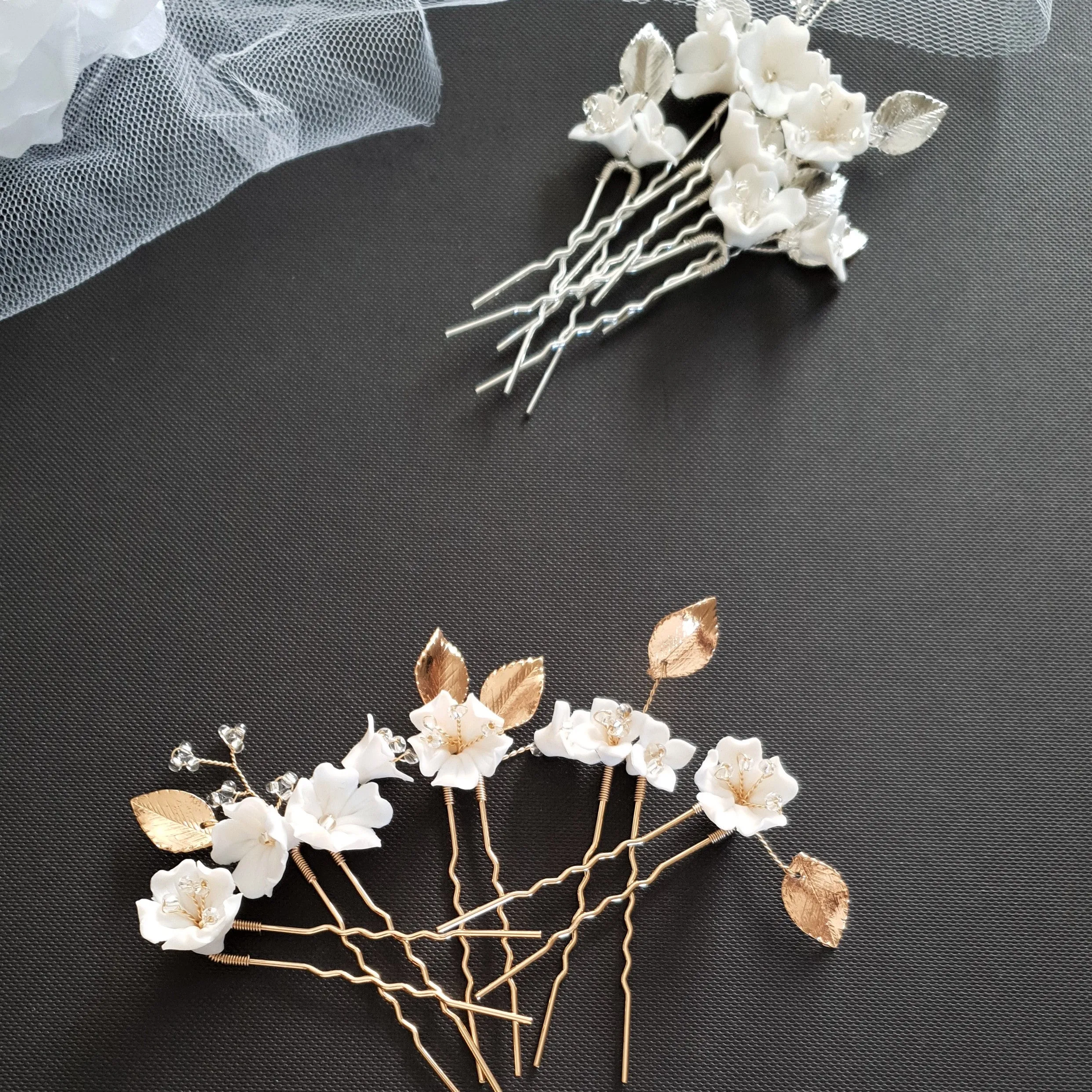 Bridal Hair Pins Set with White Flowers-Magnolia