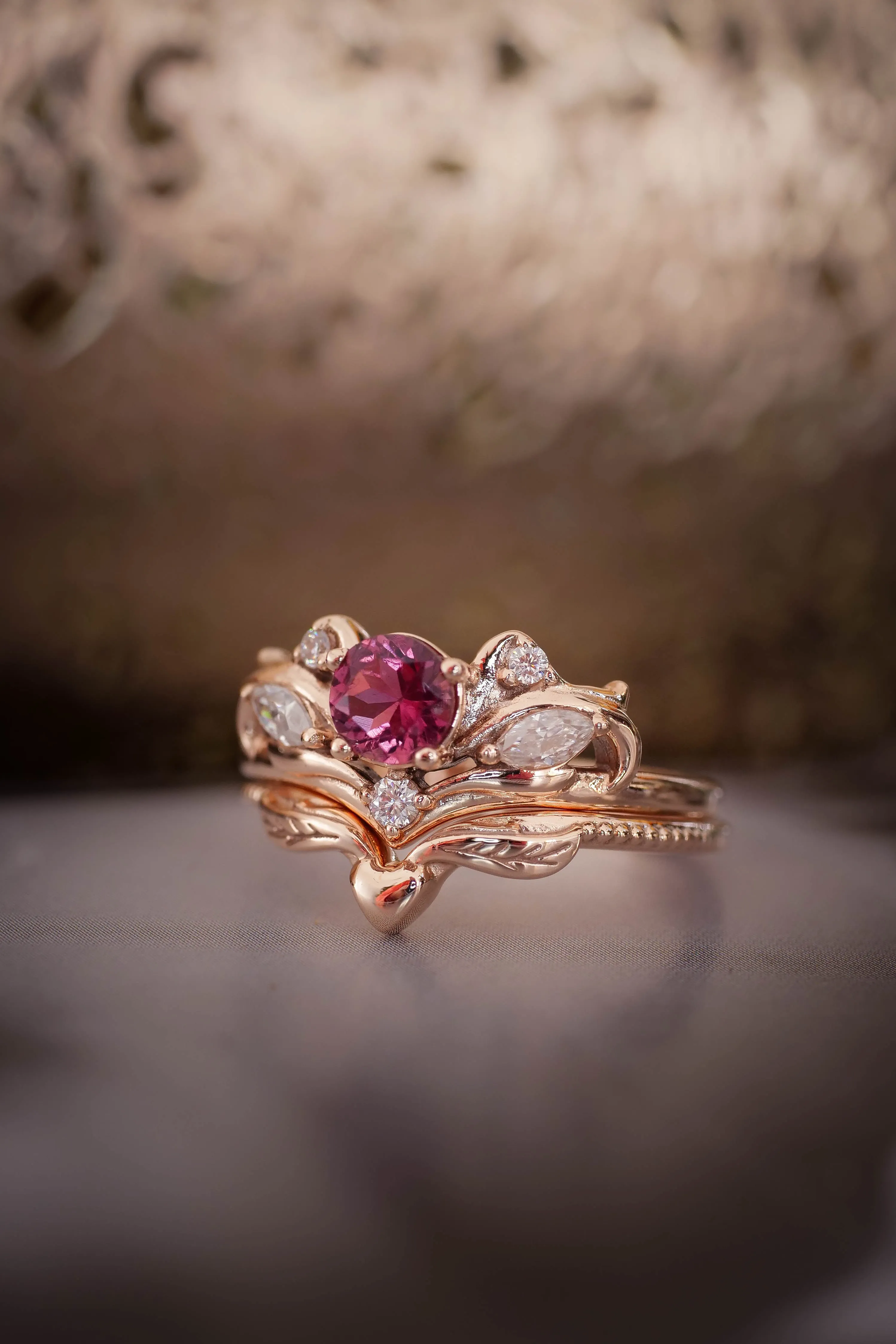 Bridal ring set with pink tourmaline / Swanlake