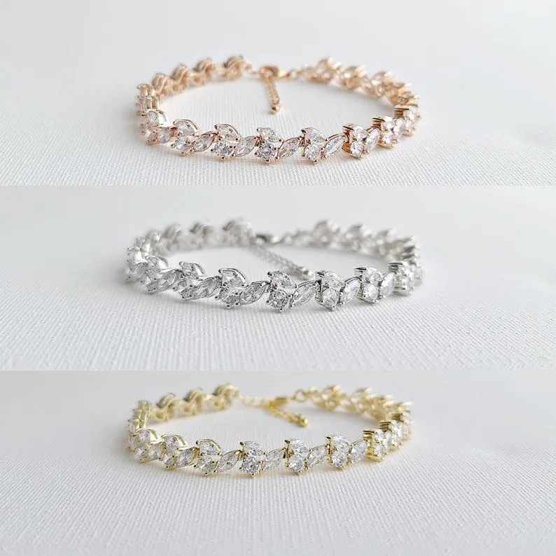 Bridal Tennis Bracelet With Gold Metal and Cubic Zirconia Leaf-Debra