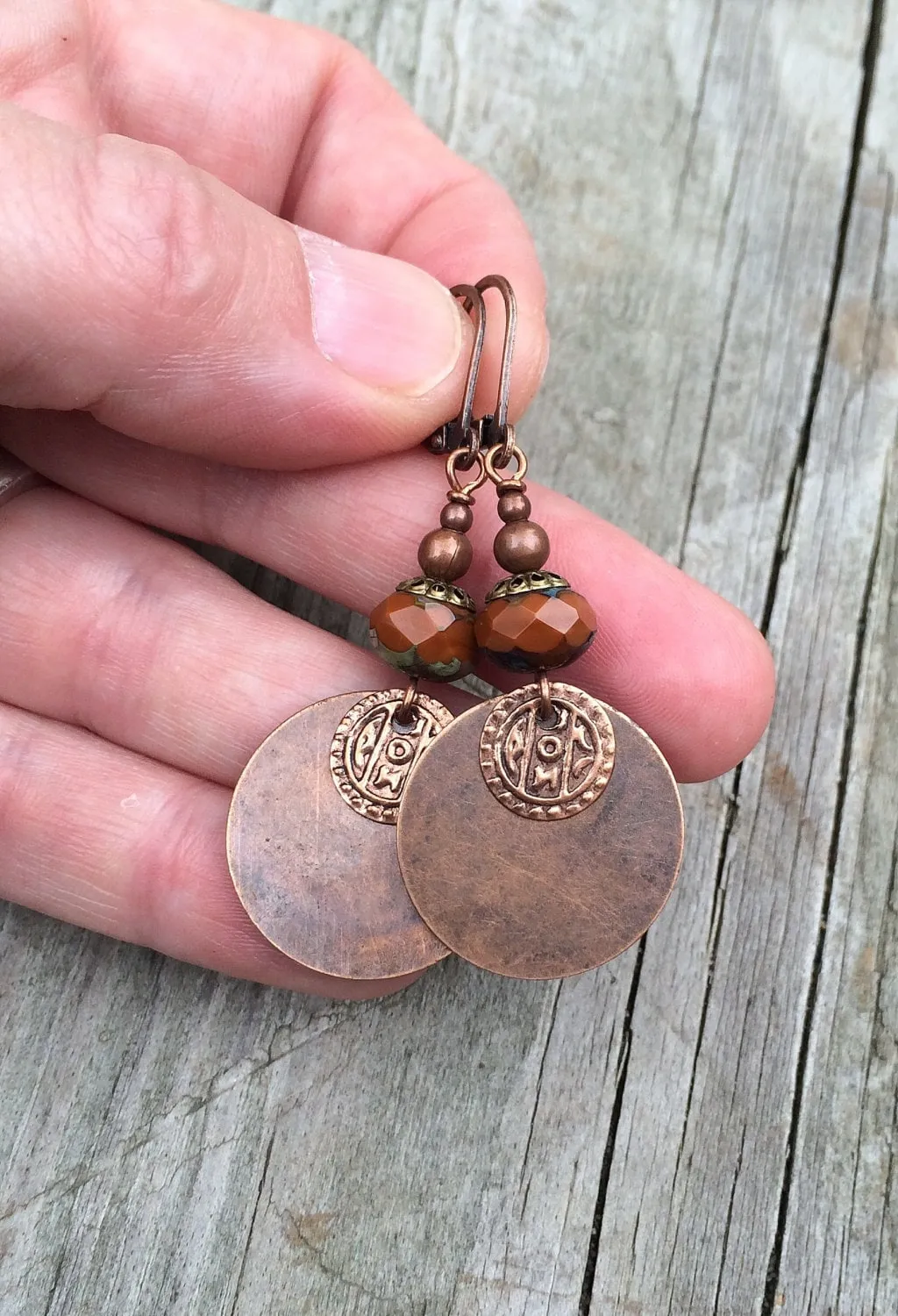 Burnt Orange Earrings, Bohemian Copper Jewelry, Ethnic Copper Earrings, Copper Coin Dangle Earrings, Czech Glass Earrings, Orange Jewelry