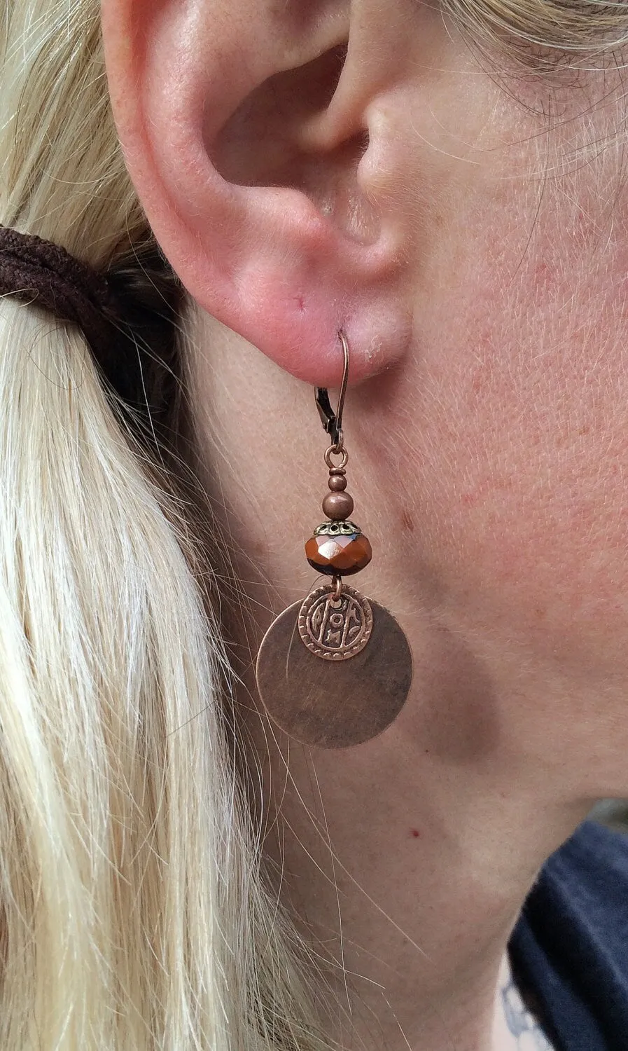 Burnt Orange Earrings, Bohemian Copper Jewelry, Ethnic Copper Earrings, Copper Coin Dangle Earrings, Czech Glass Earrings, Orange Jewelry