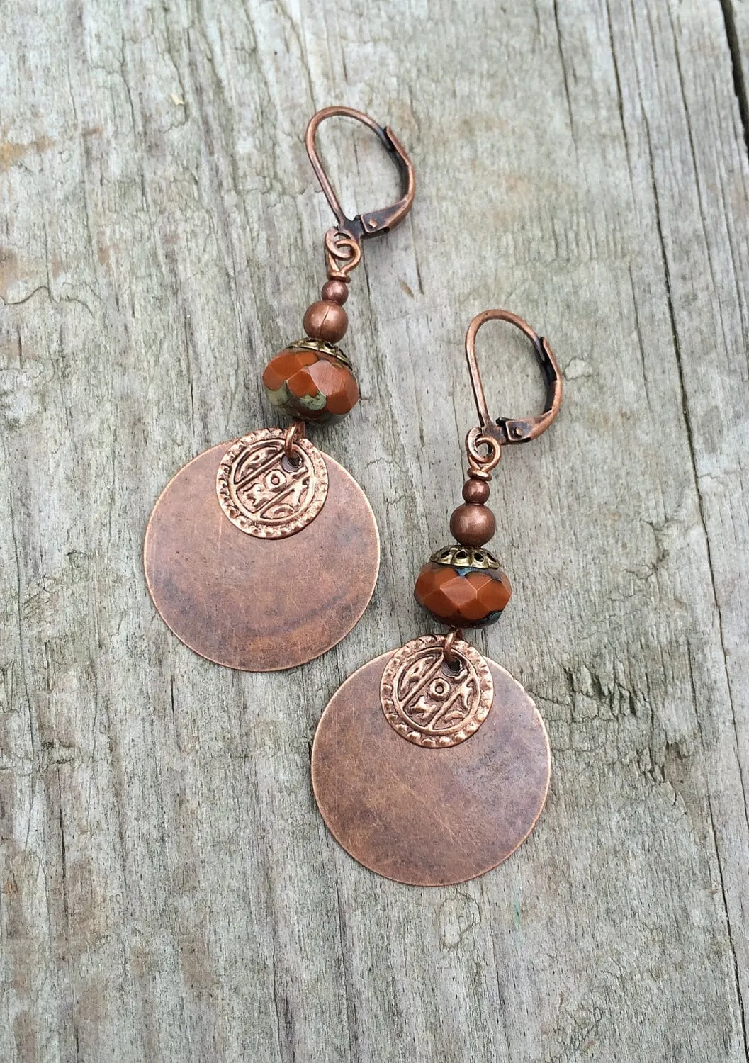 Burnt Orange Earrings, Bohemian Copper Jewelry, Ethnic Copper Earrings, Copper Coin Dangle Earrings, Czech Glass Earrings, Orange Jewelry