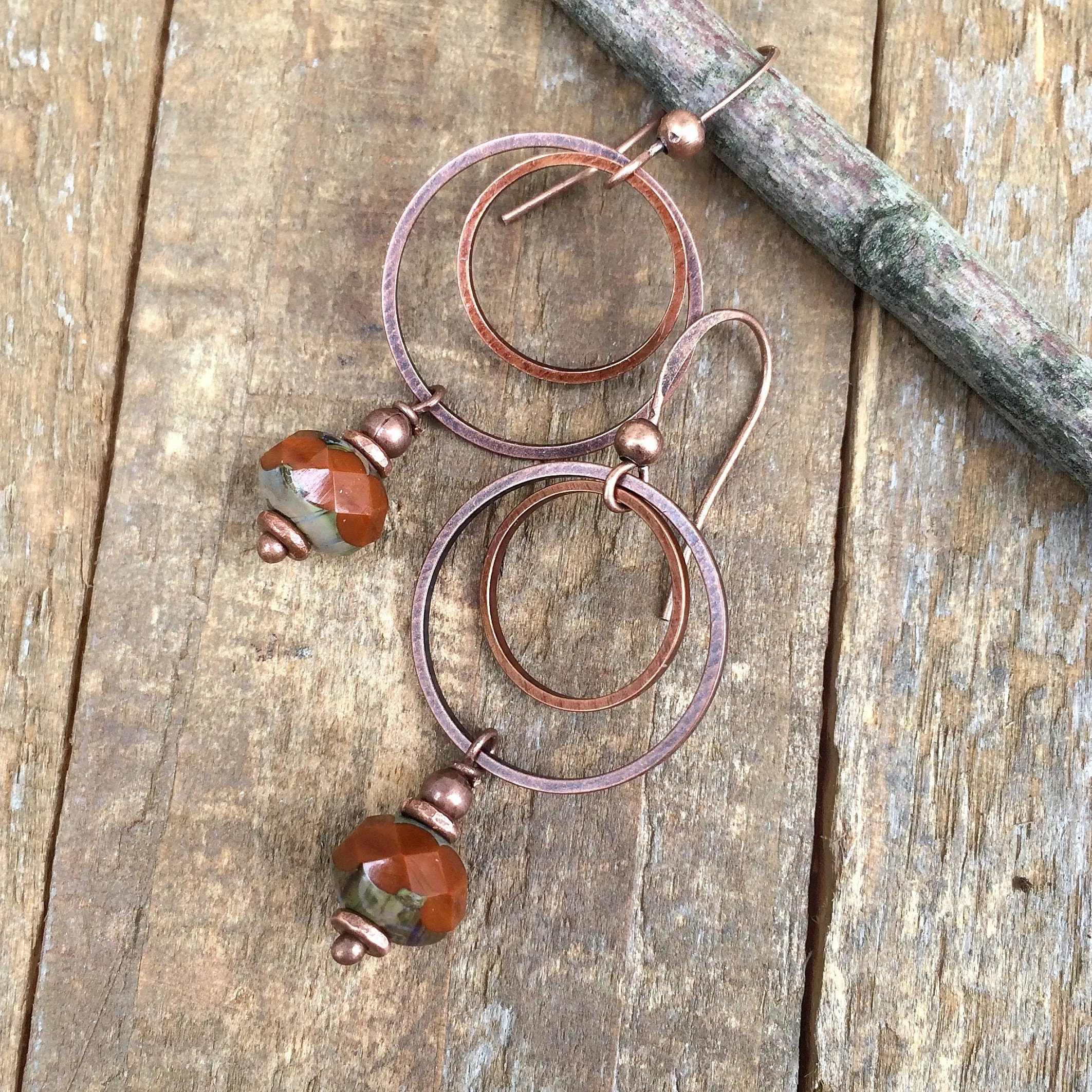 Burnt Orange Earrings, Burnt Orange Jewelry, Copper Dangle Earrings, Orange Hoop Earrings