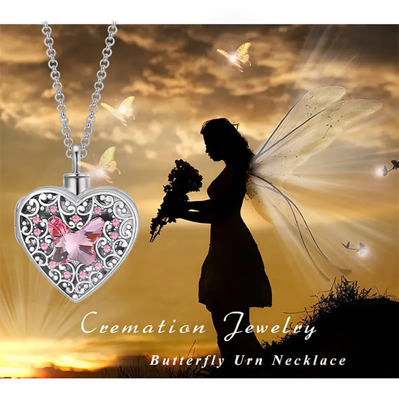 Butterfly Photo Urn Necklace for Ashes Cremation Jewelry Sterling Silver Heart Picture Locket Necklace Memorial Jewelry