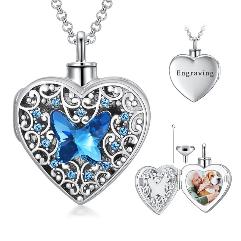 Butterfly Photo Urn Necklace for Ashes Cremation Jewelry Sterling Silver Heart Picture Locket Necklace Memorial Jewelry