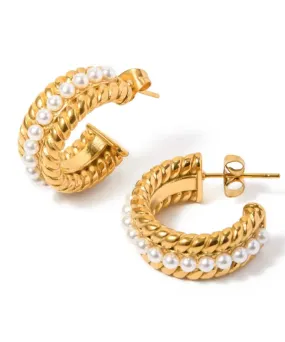 Cable Pearl Hoop Earrings - Gold