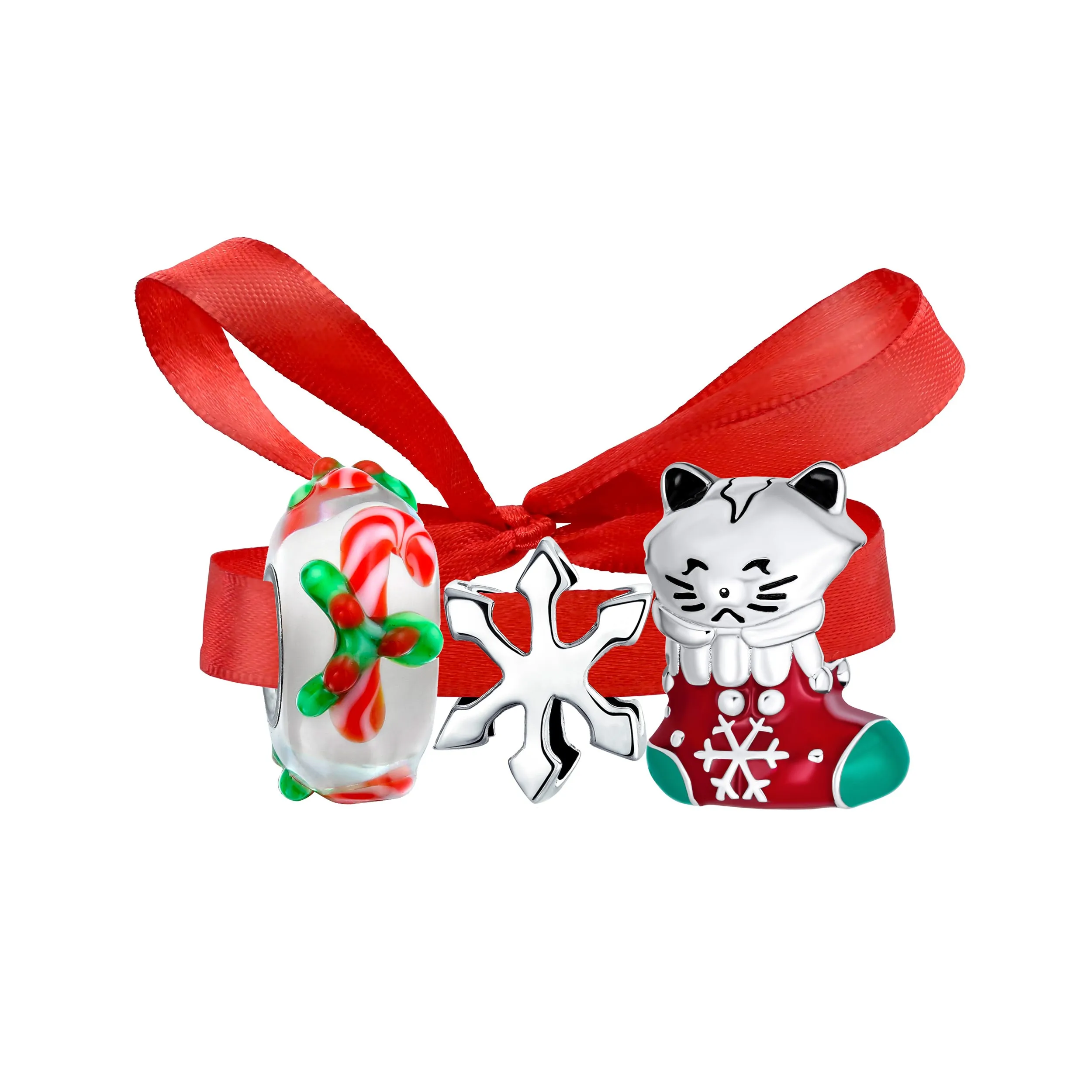 Christmas Set of 3 Animal Pet Cat in Stocking Snowflake Candy Cane Charm Bead