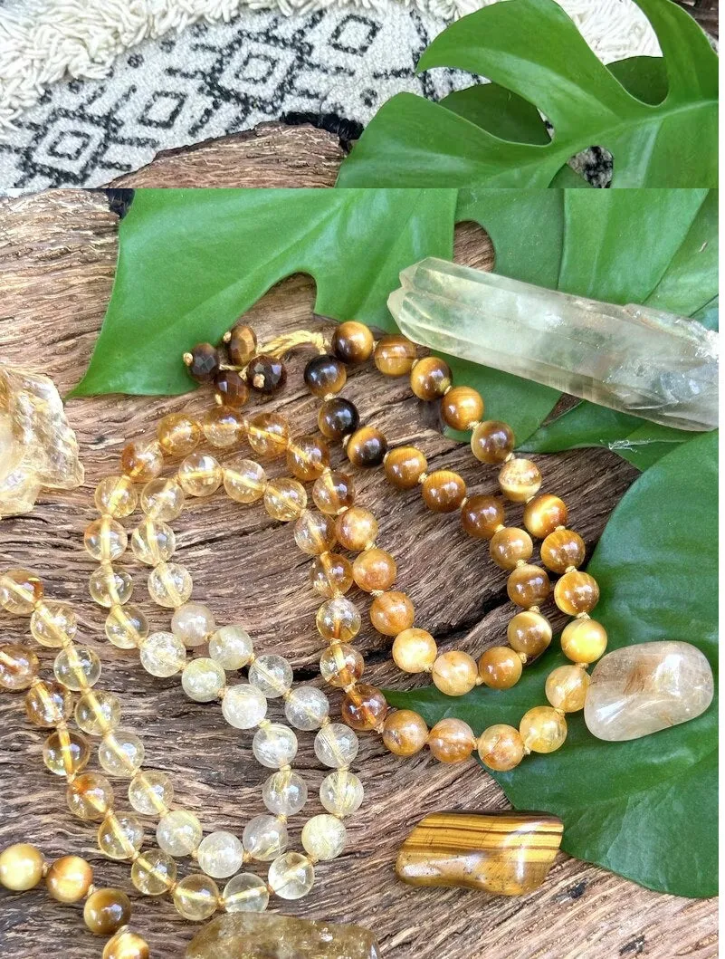 Citrine, Tiger Eye Mala Beaded Necklace