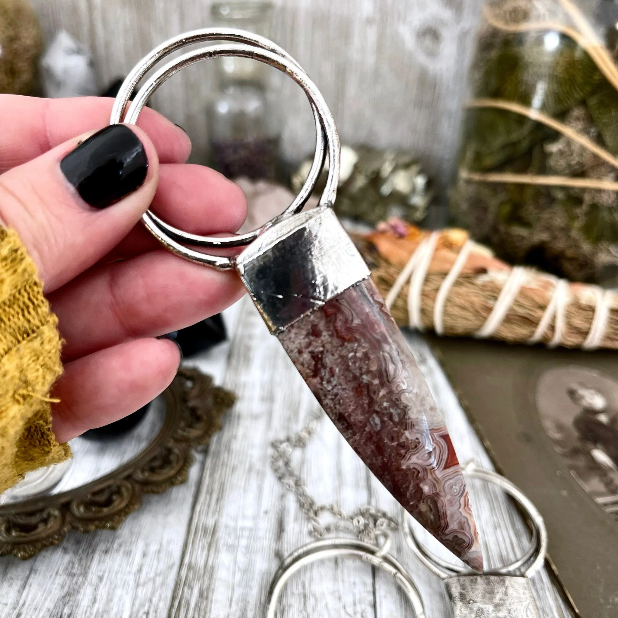 Crazy Lace Agate Necklace in Silver / Large Stone Necklace