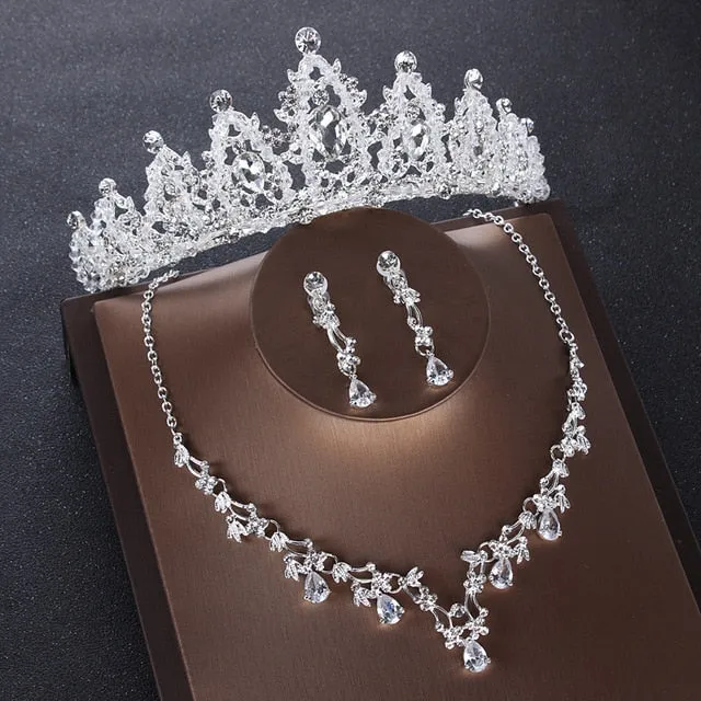 Crystal and Cubic Zirconia Tiara, Necklace & Earrings Wedding Prom Jewelry Set