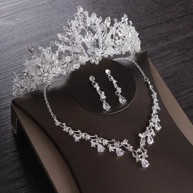 Crystal and Cubic Zirconia Tiara, Necklace & Earrings Wedding Prom Jewelry Set