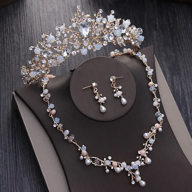 Crystal Beads, Pearl and Rhinestone Tiara, Necklace & Earrings Wedding Jewelry Set