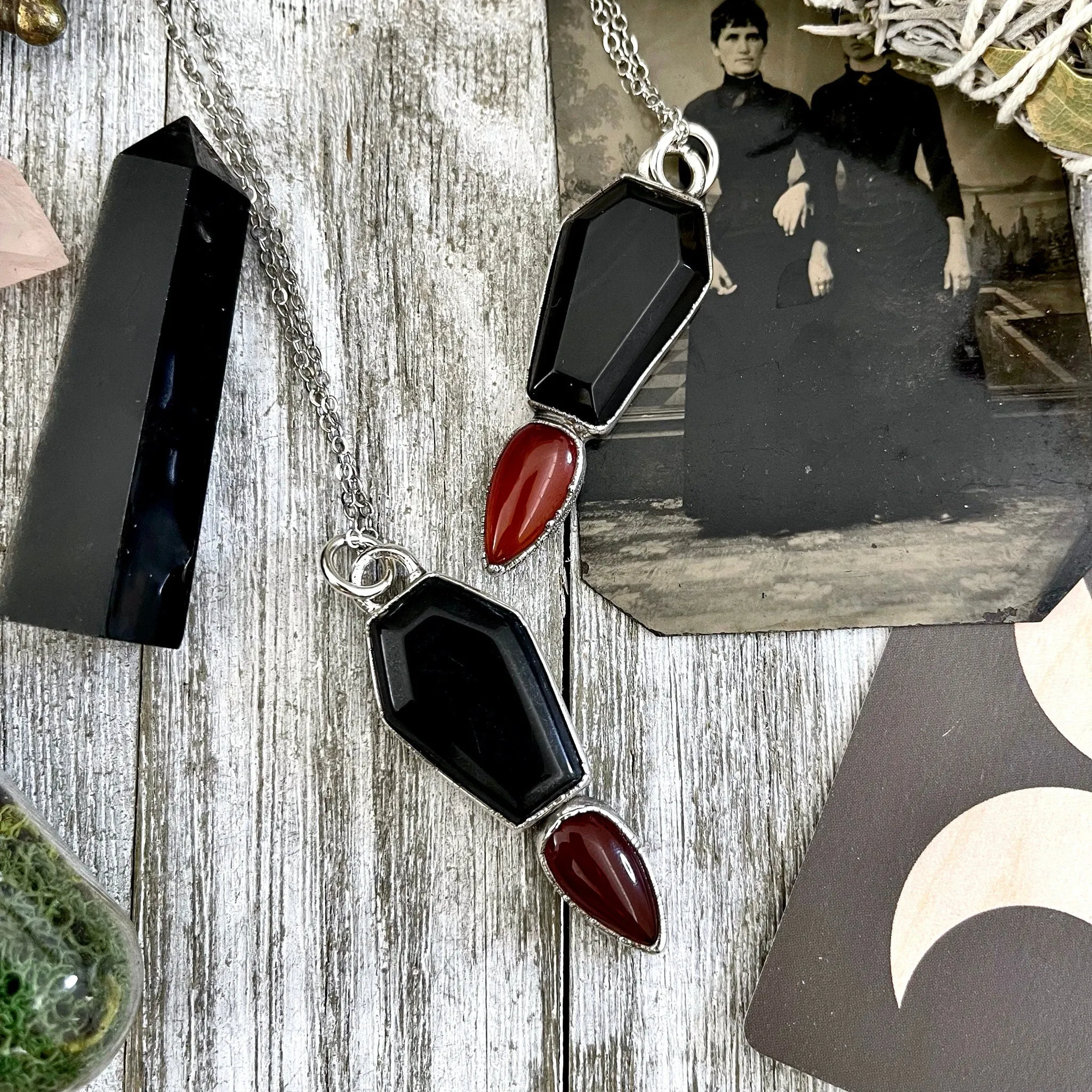 Crystal Coffin Black Onyx and Red Carnelian Necklace  / Gothic Jewelry