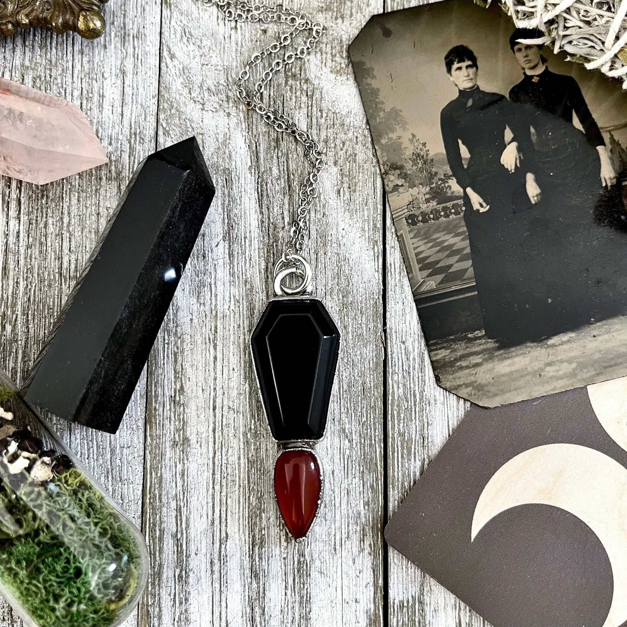 Crystal Coffin Black Onyx and Red Carnelian Necklace  / Gothic Jewelry