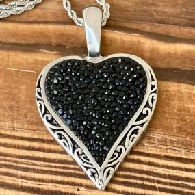 Crystal Heart Pendant - Black -  Rope Necklace or Omega - AJ02