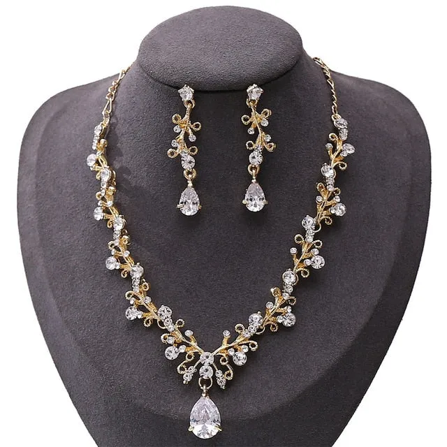 Crystal, Leaf and Rhinestone Tiara, Necklace & Earrings Wedding, Pageant Prom Jewelry Set