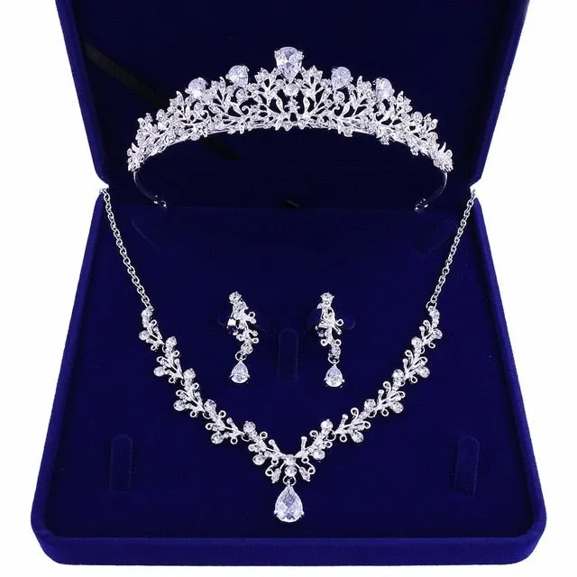 Crystal, Leaf and Rhinestone Tiara, Necklace & Earrings Wedding, Pageant Prom Jewelry Set