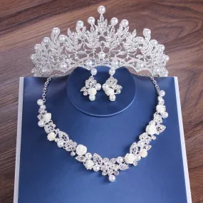 Crystal, Pearl, Flower and Rhinestone Tiara, Necklace & Earrings Wedding Jewelry Set