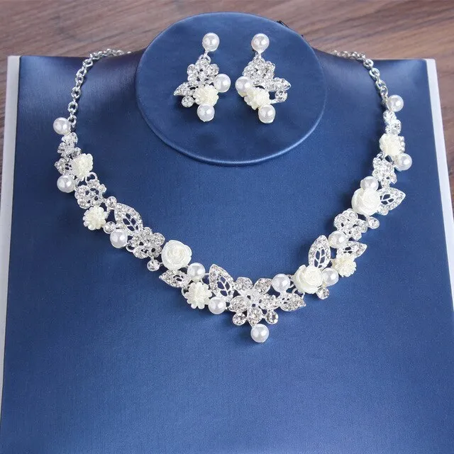 Crystal, Pearl, Flower and Rhinestone Tiara, Necklace & Earrings Wedding Jewelry Set