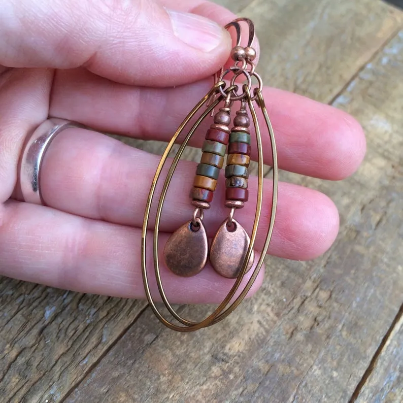 Dangle Boho Earrings, Hoop Earrings, Hammered Copper Hoop Earrings, Copper and Stone Jewelry