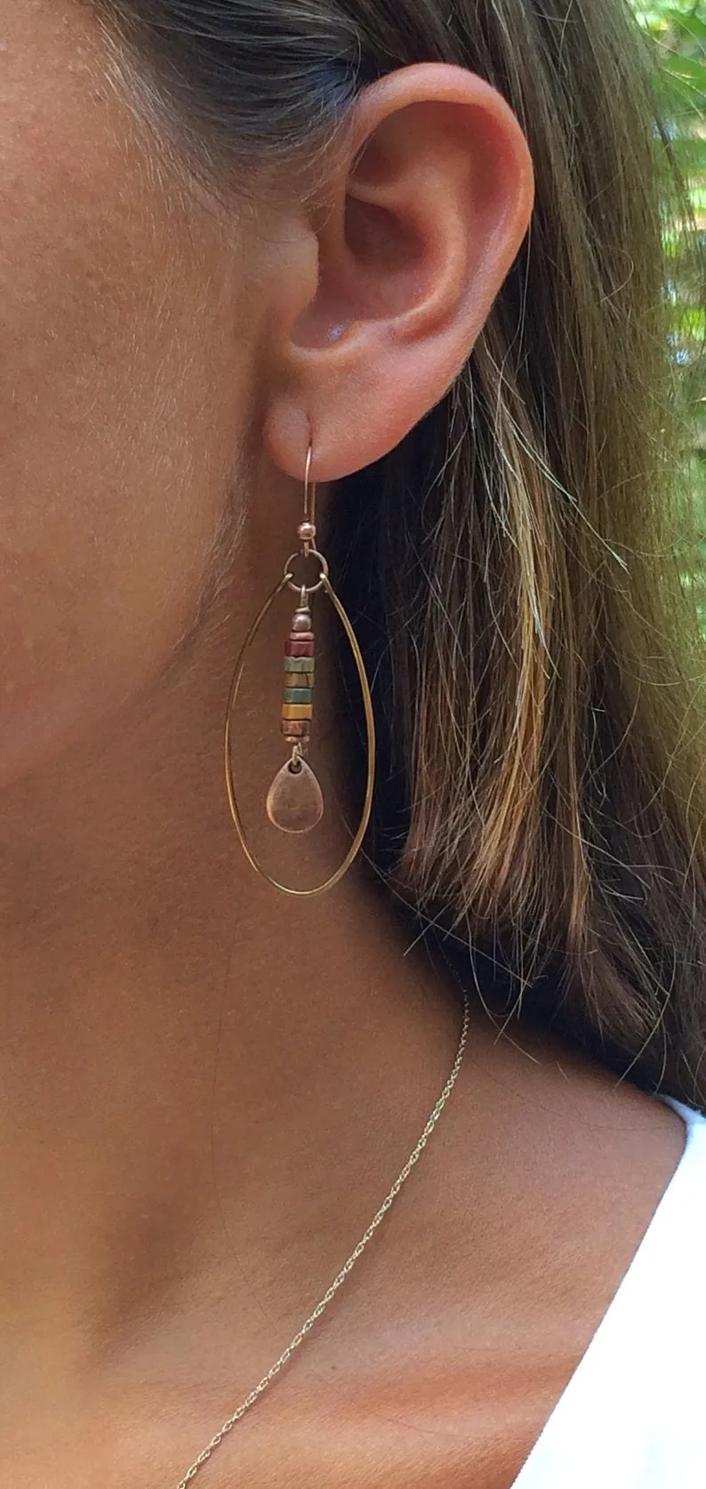 Dangle Boho Earrings, Hoop Earrings, Hammered Copper Hoop Earrings, Copper and Stone Jewelry