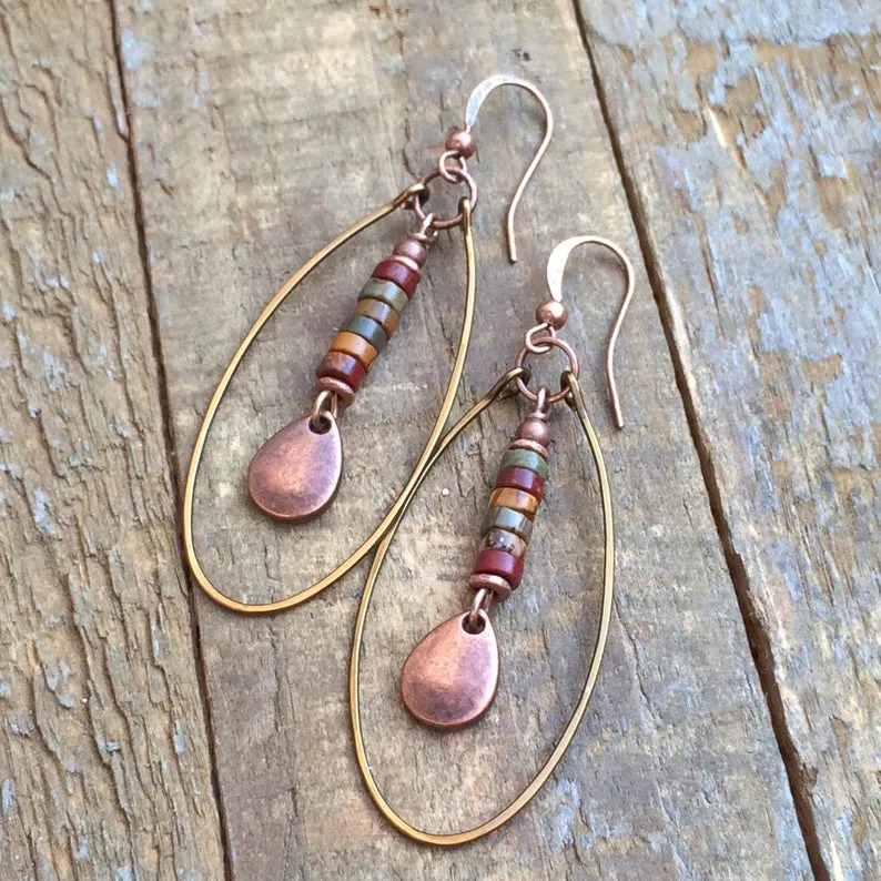 Dangle Boho Earrings, Hoop Earrings, Hammered Copper Hoop Earrings, Copper and Stone Jewelry