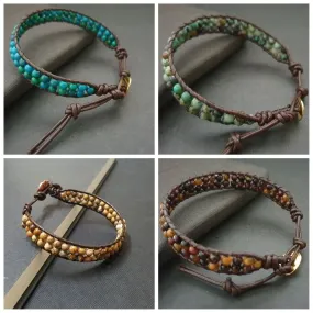 Double Layer 4mm Stone Beads Brown Leather Anklet Bracelet, Beaded Bracelets, Women Anklet, Leather Bracelet, Bangles