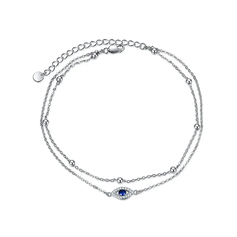 Double Layered Chain 925 Sterling Silver Evil Eye Anklet for Girls Women Summer Beach Bead Ankle Bracelet