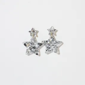 Double Star Dangle Earrings - Silver Glitter