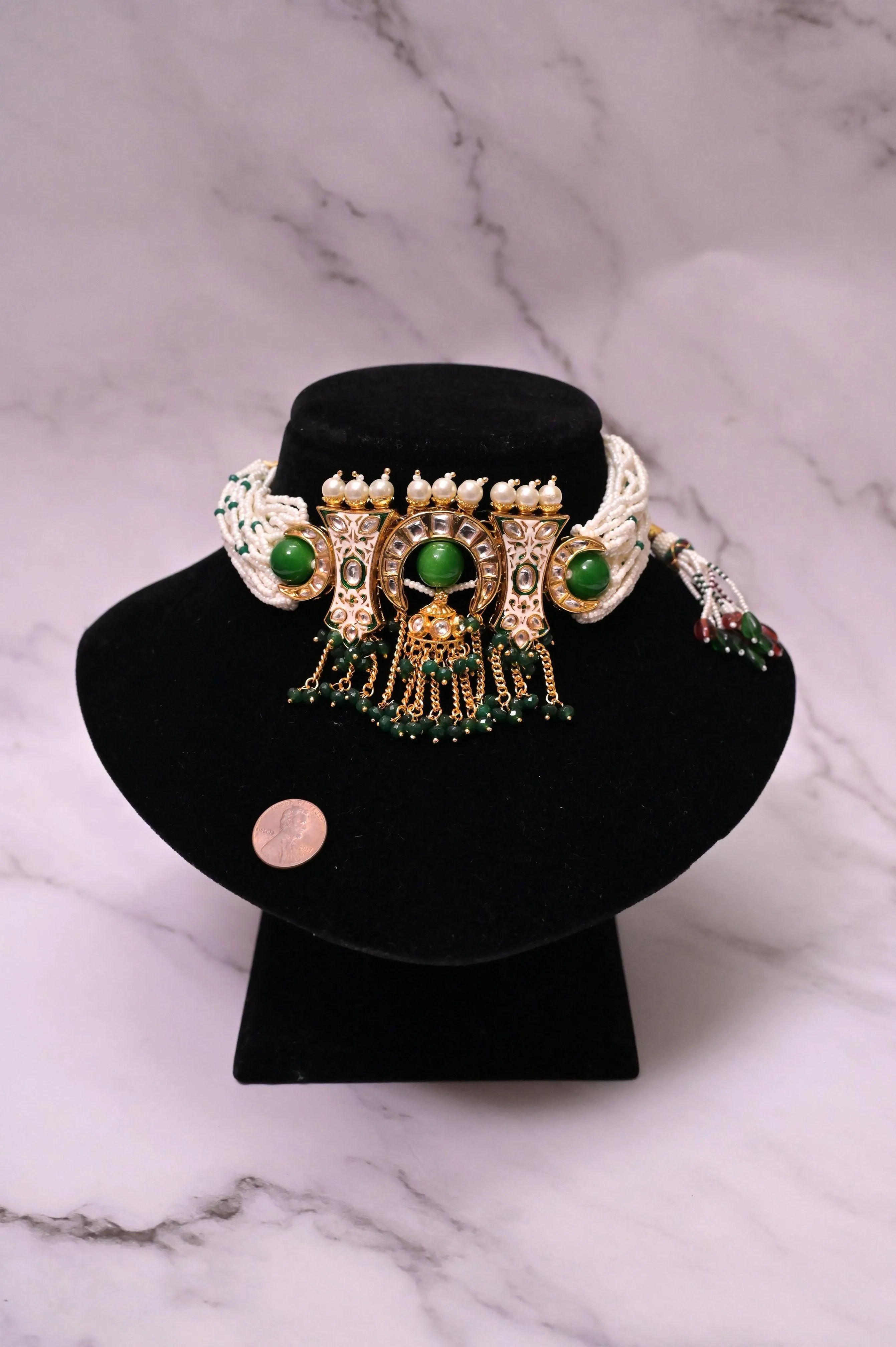 Emerald Green Kundan Shelley Choker Necklace Set ko po