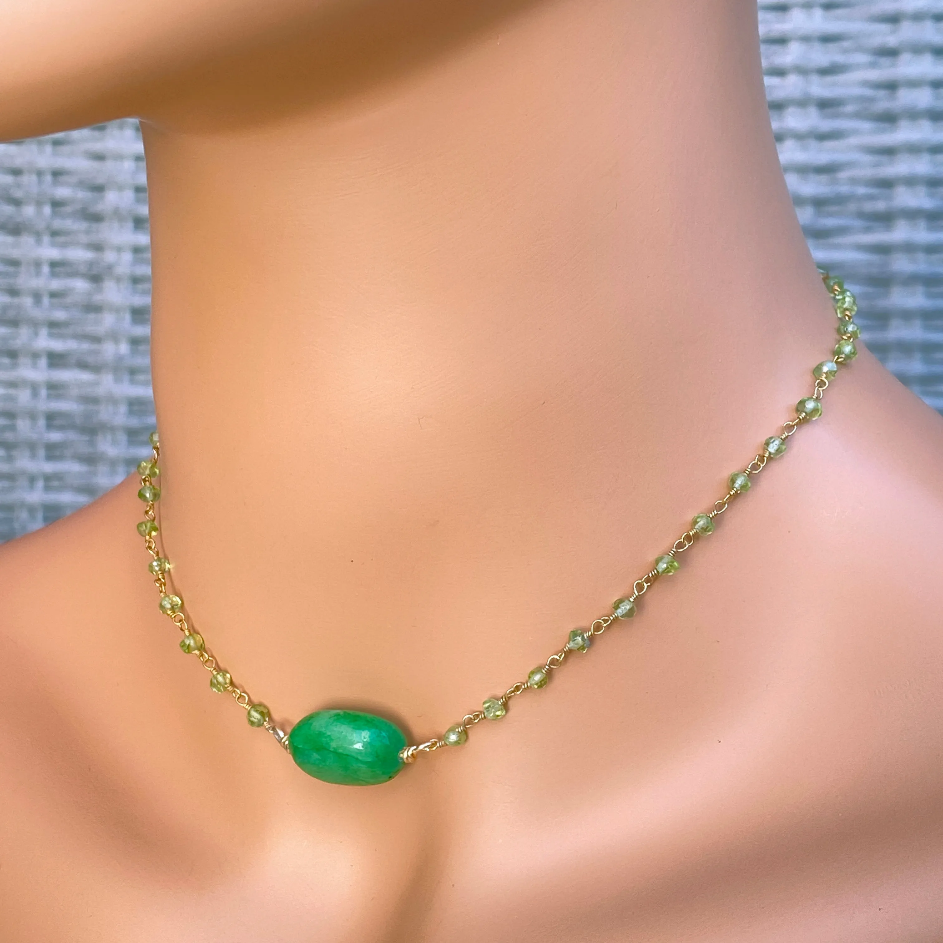 Emerald, Peridot gemstone and Gold over sterling silver choker