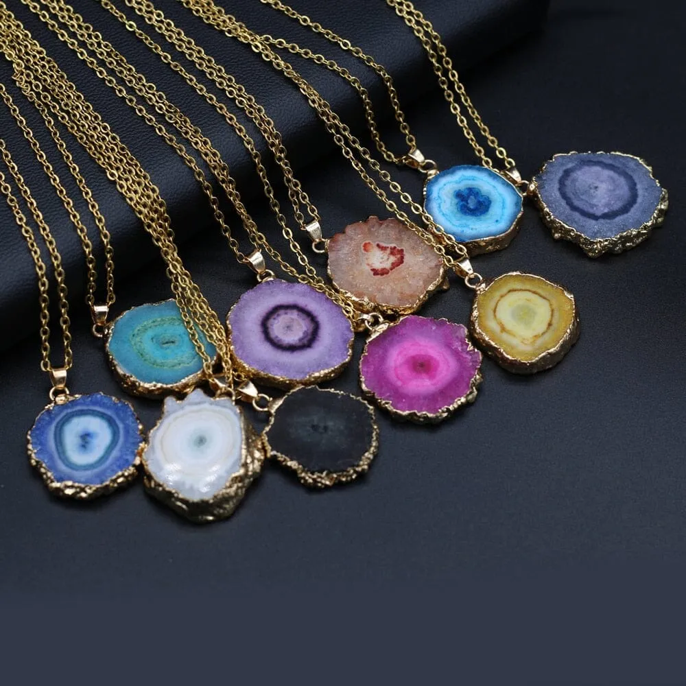 Fashion Natural Slice Druzy Pendant Necklace Gold Color Chain