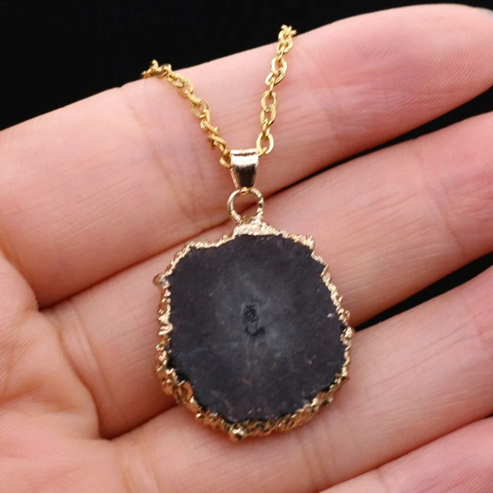 Fashion Natural Slice Druzy Pendant Necklace Gold Color Chain