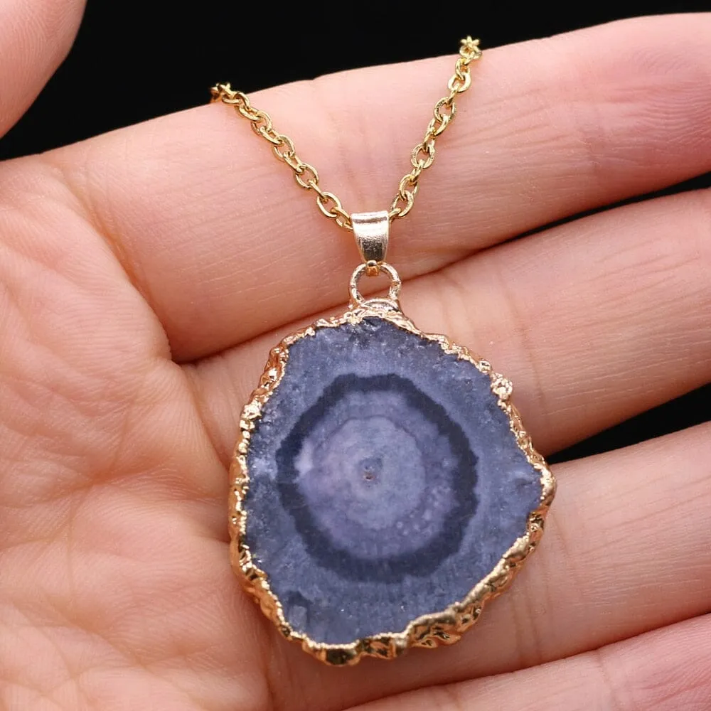 Fashion Natural Slice Druzy Pendant Necklace Gold Color Chain