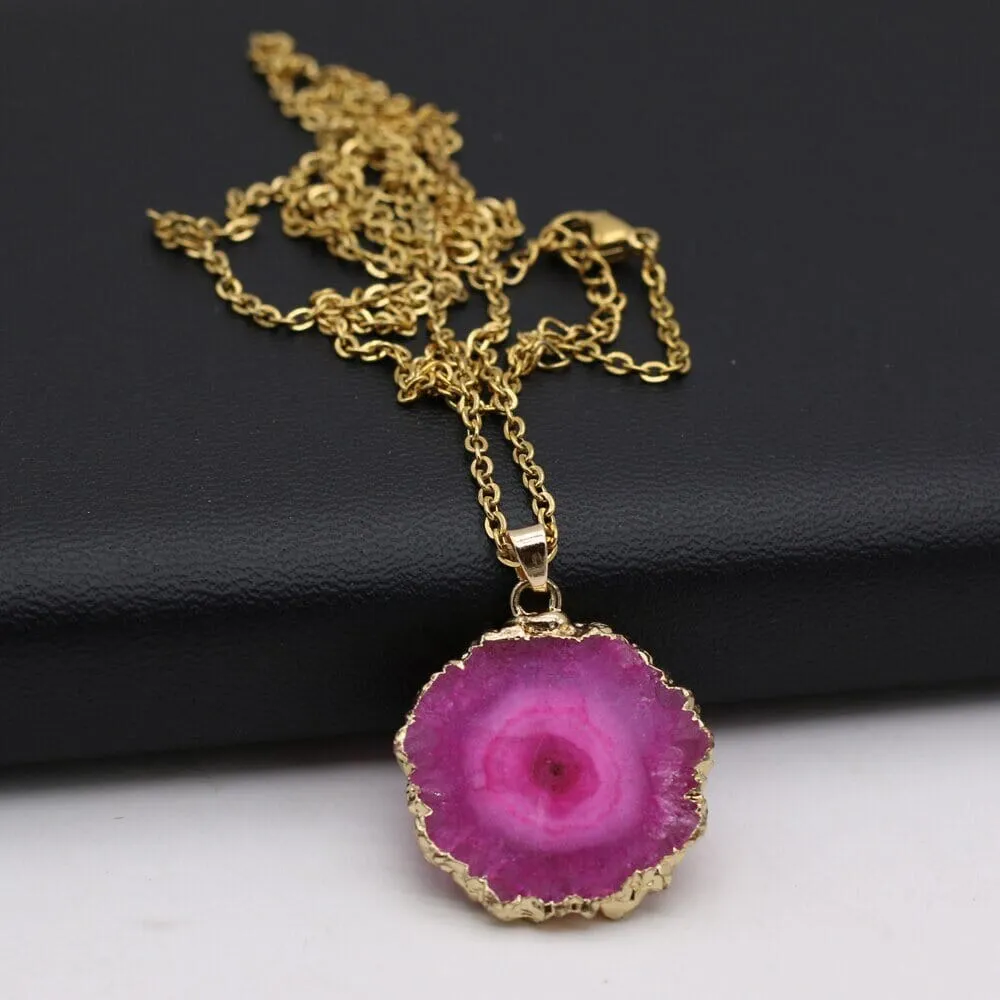 Fashion Natural Slice Druzy Pendant Necklace Gold Color Chain