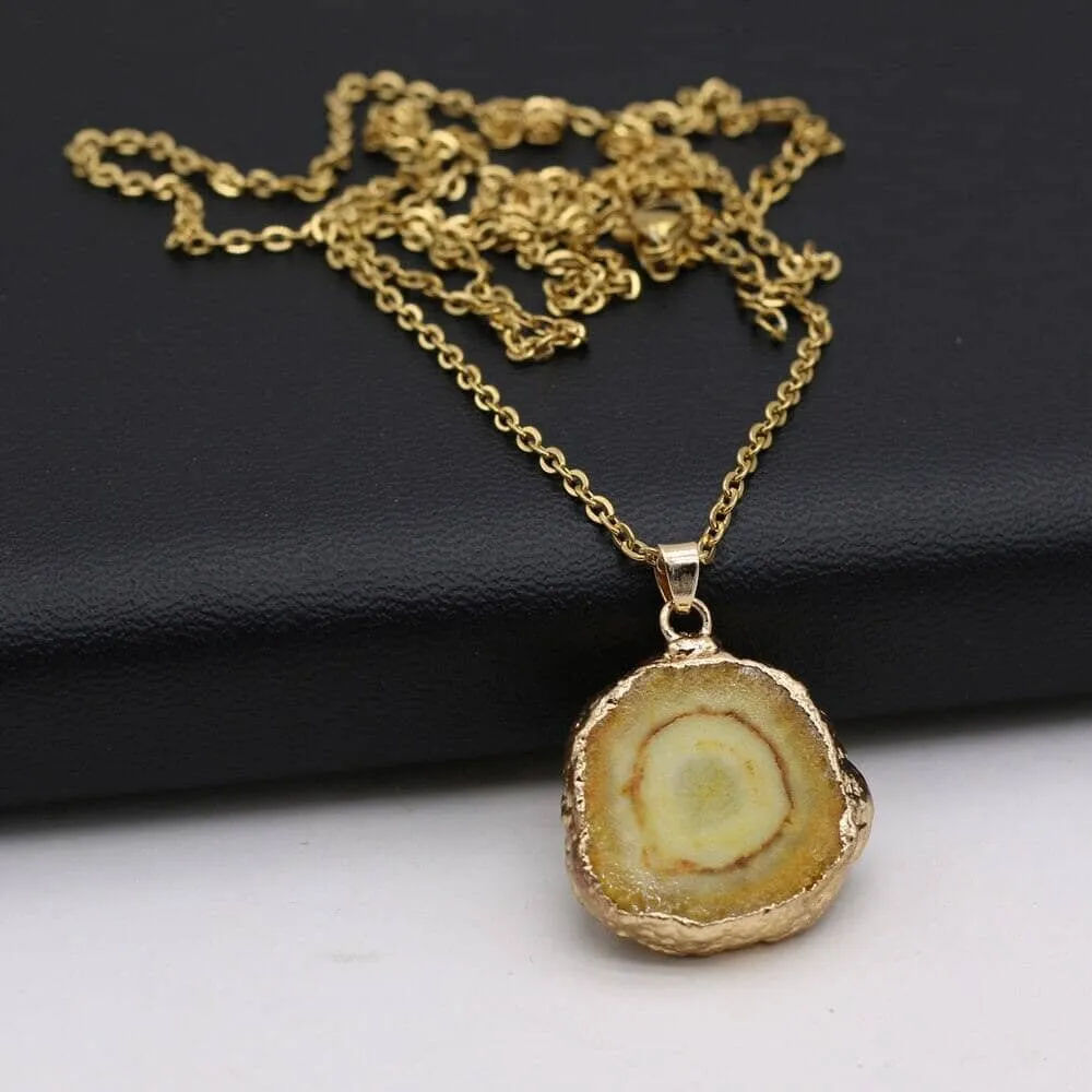 Fashion Natural Slice Druzy Pendant Necklace Gold Color Chain