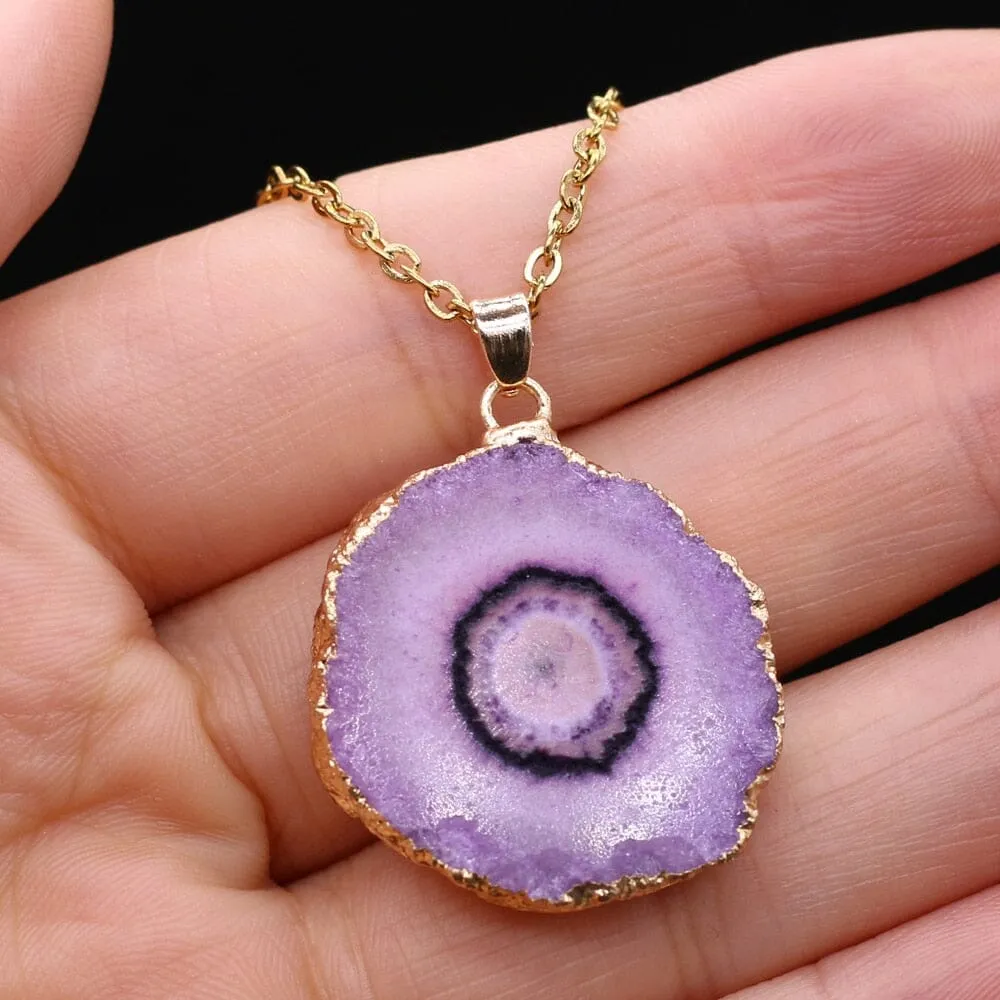 Fashion Natural Slice Druzy Pendant Necklace Gold Color Chain