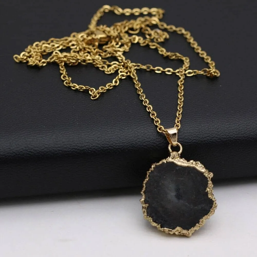 Fashion Natural Slice Druzy Pendant Necklace Gold Color Chain