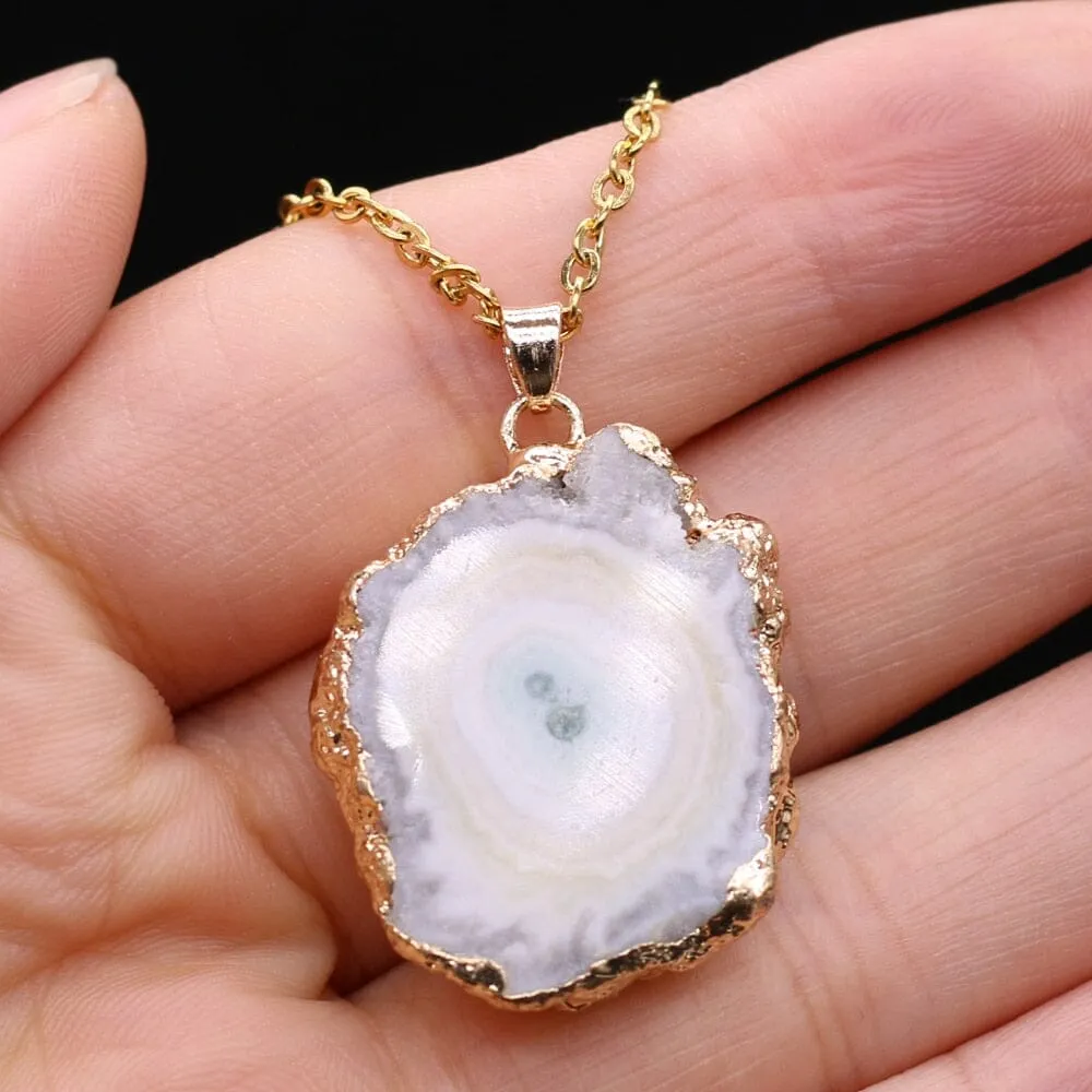 Fashion Natural Slice Druzy Pendant Necklace Gold Color Chain