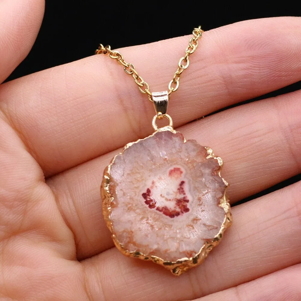 Fashion Natural Slice Druzy Pendant Necklace Gold Color Chain