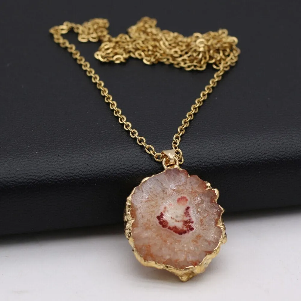 Fashion Natural Slice Druzy Pendant Necklace Gold Color Chain