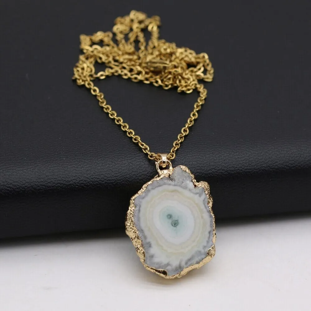 Fashion Natural Slice Druzy Pendant Necklace Gold Color Chain