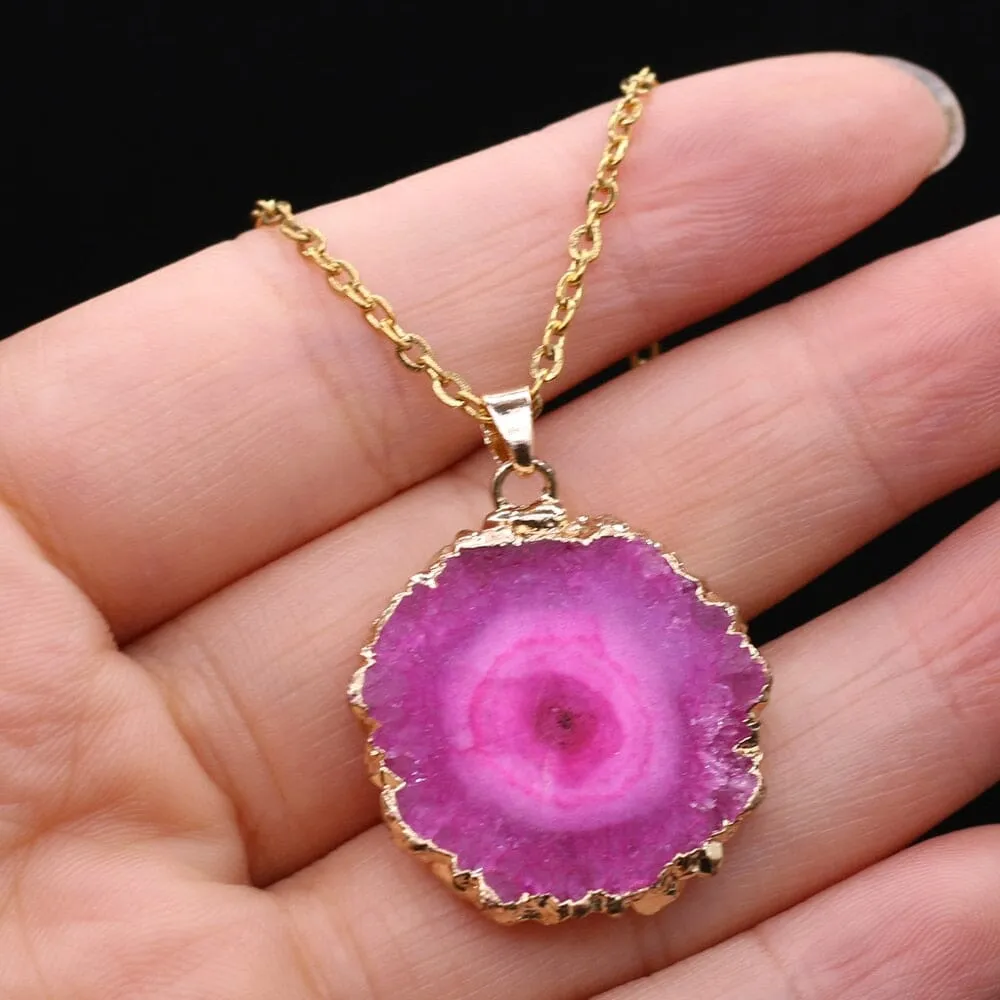 Fashion Natural Slice Druzy Pendant Necklace Gold Color Chain