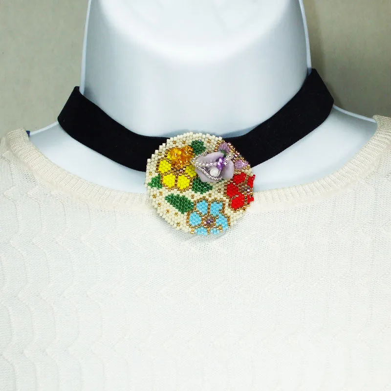 Fatimah, Multi Color, Seed Beaded Floral Pattern, Ribbon Choker, Necklace